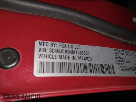 2021 Jeep Compass Altitude with VIN 3C4NJCBB4MT587363, listed as a IAAI auction lot 42540626 with 85,683 mi miles and . Bid and sale history available at DreamBid. Image 9.