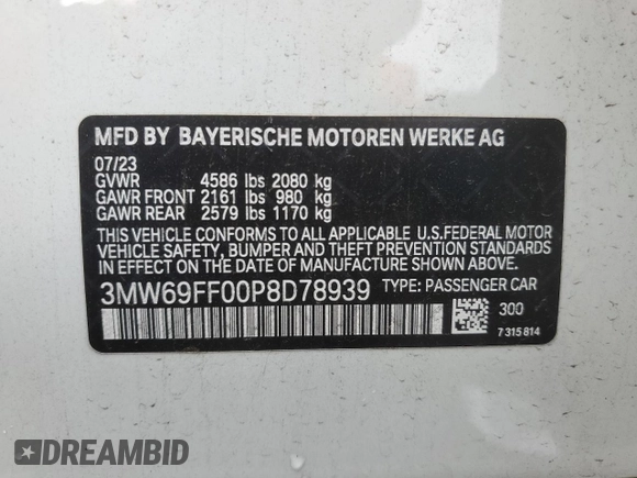 2023 BMW 3 Series 330i with VIN 3MW69FF00P8D78939, listed as a Copart auction lot 48805775 with 0 mi miles and Salvage Title. Bid and sale history available at carsss.com. Image 12.