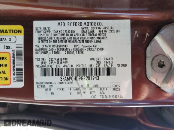 2016 Ford Fusion SE with VIN 3FA6P0HD9GR201943, listed as a Copart auction lot 52158545 with 132,642 mi miles and Salvage Title. Bid and sale history available at DreamBid. Image 15.