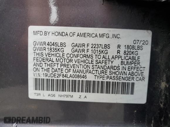 2020 Acura ILX Premium with VIN 19UDE2F84LA008646, listed as a Copart auction lot 63190825 with Not provided miles and Salvage title. Bid and sale history available at DreamBid. Image 12.