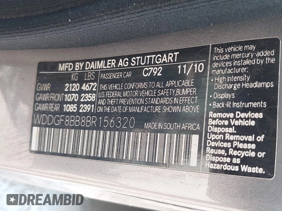 2011 Mercedes-Benz C 300 Sport with VIN WDDGF8BB8BR156320, listed as a IAAI auction lot 42620949 with Not provided miles and . Bid and sale history available at DreamBid. Image 9.