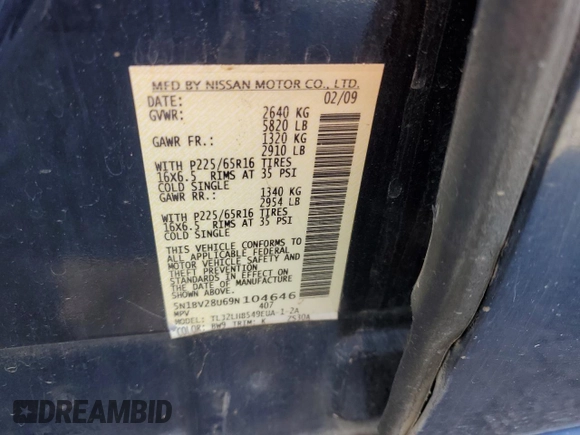 2009 Nissan Quest S with VIN 5N1BV28U69N104646, listed as a Copart auction lot 88790275 with 117,640 mi miles and Clean Title. Bid and sale history available at carsss.com. Image 12.