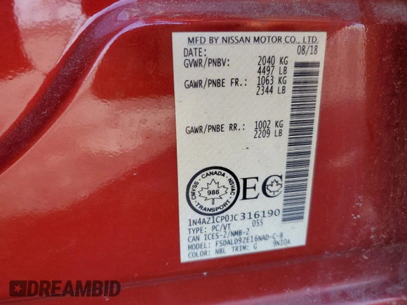 2018 Nissan LEAF S with VIN 1N4AZ1CP0JC316190, listed as a Copart auction lot 55057885 with 116,384 mi miles and Salvage Title. Bid and sale history available at DreamBid. Image 13.