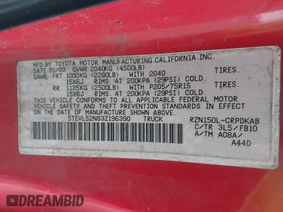 2003 Toyota Tacoma z VIN 5TEVL52N83Z196390, wystawiony jako IAAI lot #41828349 z przebiegiem 86 813 mil mil oraz . Historia ofert i sprzedaży dostępna na DreamBid. Obrazek 9.
