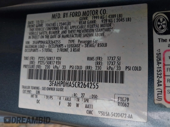 2012 Ford Fusion SE with VIN 3FAHP0HA5CR264255, listed as a IAAI auction lot 42649304 with 127,463 mi miles and . Bid and sale history available at DreamBid. Image 9.