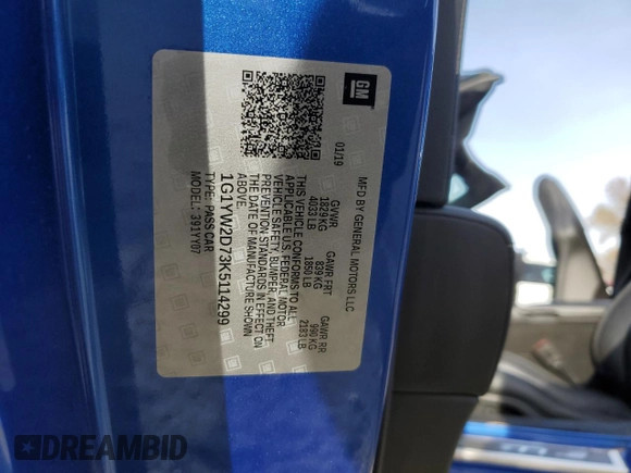 2019 Chevrolet Corvette Grand Sport 1LT with VIN 1G1YW2D73K5114299, listed as a Copart auction lot 82214464 with 56,131 mi miles and Salvage title. Bid and sale history available at DreamBid. Image 13.