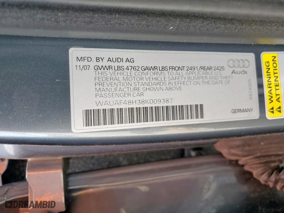2008 Audi A4 2.0T with VIN WAUAF48H38K009387, listed as a Copart auction lot 49158955 with 97,669 mi miles and Salvage Title. Bid and sale history available at carsss.com. Image 13.