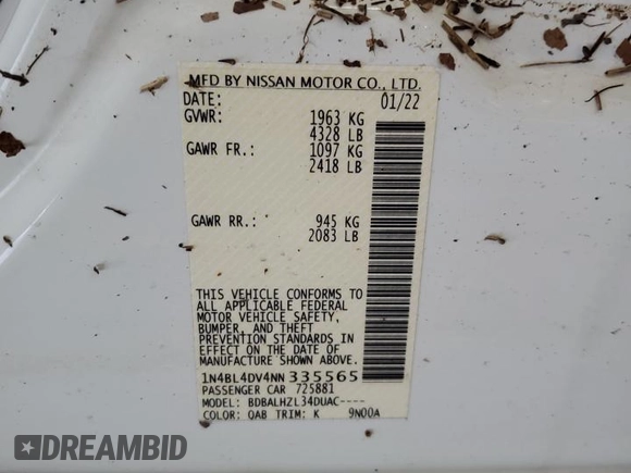 2022 Nissan Altima SV z VIN 1N4BL4DV4NN335565, wystawiony jako Copart lot #56685655 z przebiegiem 34 693 mil mil oraz Szkoda całkowita • Salvage title. Historia ofert i sprzedaży dostępna na DreamBid. Obrazek 13.