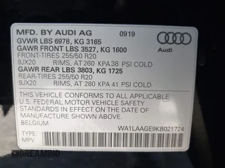 2019 Audi e-tron Premium Plus with VIN WA1LAAGE9KB021724, listed as a IAAI auction lot 41643596 with 34,804 mi miles. Bid and sale history available at carsss.com. Image 9.