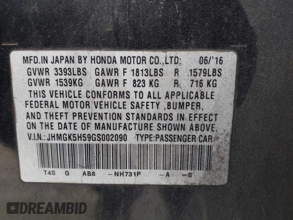 2016 Honda Fit LX with VIN JHMGK5H59GS002090, listed as a IAAI auction lot 41761887 with 97,577 mi miles. Bid and sale history available at carsss.com. Image 9.