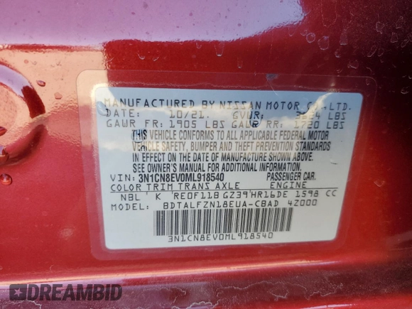 2021 Nissan Versa SV with VIN 3N1CN8EV0ML918540, listed as a Copart auction lot 88895595 with 37,067 mi miles and Salvage Title. Bid and sale history available at carsss.com. Image 13.
