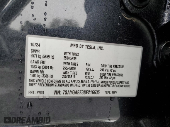 2025 Tesla Model Y Long Range with VIN 7SAYGAEE3SF216635, listed as a Copart auction lot 44614555 with 400 mi miles and Salvage Title. Bid and sale history available at DreamBid. Image 14.