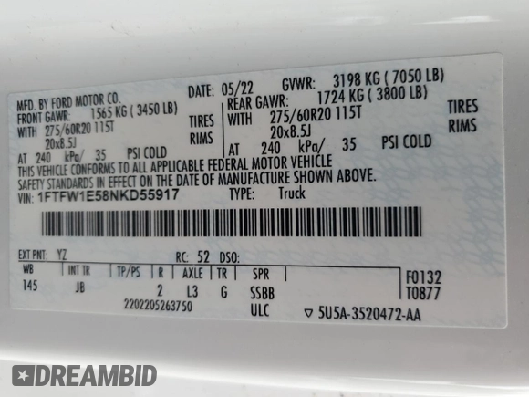 2022 Ford F-150 XL with VIN 1FTFW1E58NKD55917, listed as a Copart auction lot 54218595 with 64,488 mi miles and Salvage title. Bid and sale history available at DreamBid. Image 12.