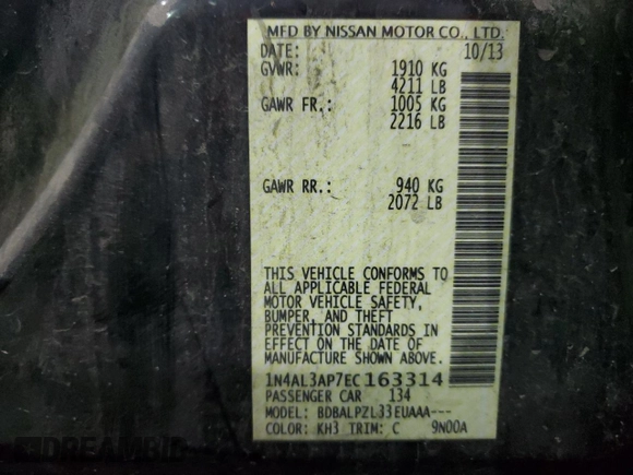 2014 Nissan Altima 2.5 with VIN 1N4AL3AP7EC163314, listed as a Copart auction lot 48312855 with 170,750 mi miles and Clean Title. Bid and sale history available at DreamBid. Image 12.