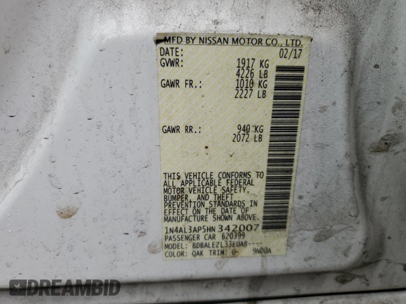 2017 Nissan Altima S with VIN 1N4AL3AP5HN342007, listed as a Copart auction lot 52498325 with 195,829 mi miles and Salvage Title. Bid and sale history available at DreamBid. Image 14.