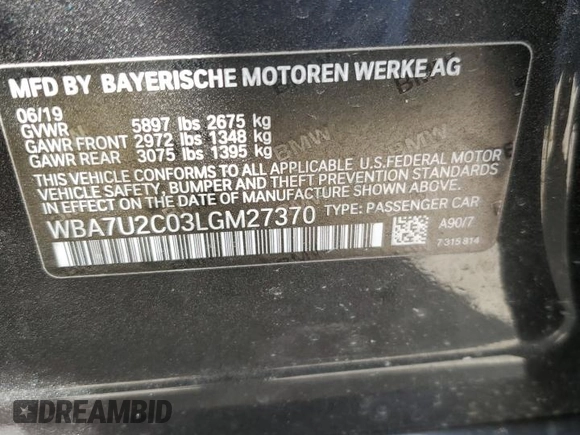 2020 BMW 7 Series 750i xDrive with VIN WBA7U2C03LGM27370, listed as a Copart auction lot 56576775 with Not provided miles and Salvage title. Bid and sale history available at DreamBid. Image 12.