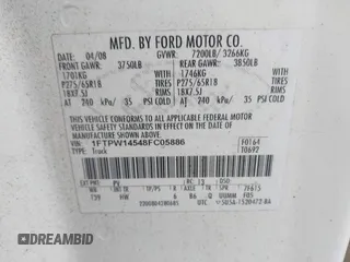 2008 Ford F-150 XLT with VIN 1FTPW14548FC05886, listed as a IAAI auction lot 42342447 with 173,079 mi miles and . Bid and sale history available at DreamBid. Image 9.
