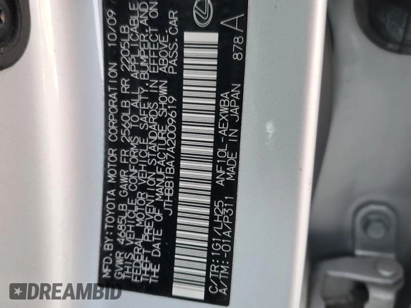 2010 Lexus HS 250h with VIN JTHBB1BA7A2009619, listed as a Copart auction lot 85790644 with 281,598 mi miles and Salvage Title. Bid and sale history available at DreamBid. Image 12.