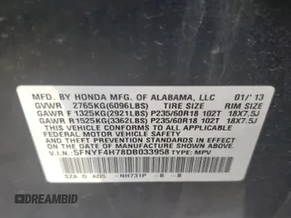 2013 Honda Pilot EX-L z VIN 5FNYF4H78DB033958, wystawiony jako Copart lot #56572484 z przebiegiem 190 797 mil mil oraz Nie do naprawy • Non repairable. Historia ofert i sprzedaży dostępna na DreamBid. Obrazek 15.