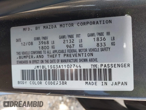 2010 Mazda 3 i Touring with VIN JM1BL1SG3A1102744, listed as a IAAI auction lot 42174218 with 155,599 mi miles and . Bid and sale history available at carsss.com. Image 9.