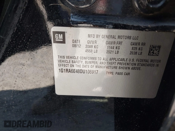 2013 Chevrolet Volt with VIN 1G1RA6E48DU106917, listed as a IAAI auction lot 42123449 with 47,089 mi miles and . Bid and sale history available at carsss.com. Image 9.