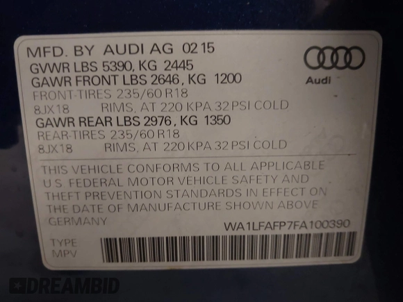 2015 Audi Q5 Premium Plus with VIN WA1LFAFP7FA100390, listed as a IAAI auction lot 42594842 with 110,349 mi miles and . Bid and sale history available at DreamBid. Image 9.