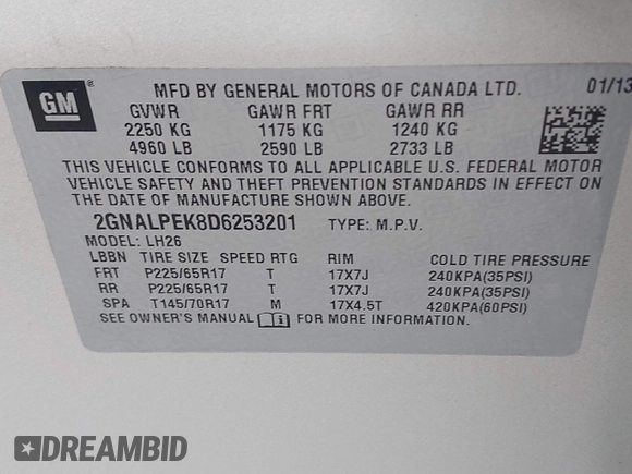 2013 Chevrolet Equinox LT z VIN 2GNALPEK8D6253201, wystawiony jako IAAI lot #41455023 z przebiegiem 181 971 mil mil oraz . Historia ofert i sprzedaży dostępna na DreamBid. Obrazek 9.