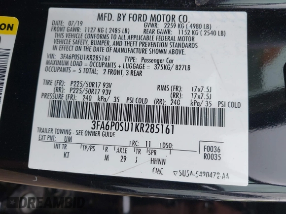 2019 Ford Fusion Titanium with VIN 3FA6P0SU1KR285161, listed as a IAAI auction lot 42092870 with 62,437 mi miles and . Bid and sale history available at DreamBid. Image 9.