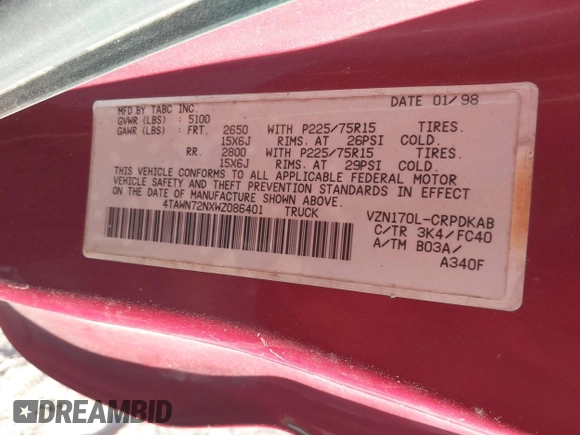 1998 Toyota Tacoma with VIN 4TAWN72NXWZ086401, listed as a IAAI auction lot 41697766 with Not Provided miles and . Bid and sale history available at DreamBid. Image 9.