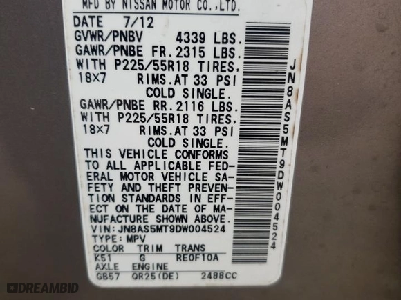 2013 Nissan Rogue SL with VIN JN8AS5MT9DW004524, listed as a Copart auction lot 49012575 with 91,184 mi miles and Salvage Title. Bid and sale history available at carsss.com. Image 15.
