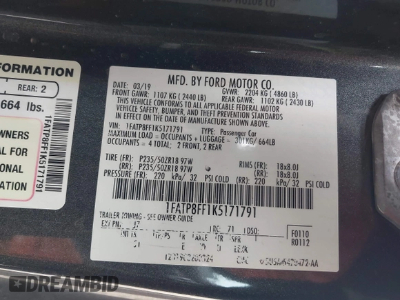 2019 Ford Mustang GT Premium с VIN 1FATP8FF1K5171791, выставлен на аукционе IAAI как лот 42043130 с пробегом 51 930 миль миль и . История ставок и продаж доступна на DreamBid. Изображение 9.