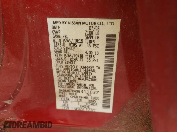 2009 Nissan Titan SE with VIN 1N6BA07D49N311037, listed as a Copart auction lot 49091905 with 190,758 mi miles and Salvage Title. Bid and sale history available at carsss.com. Image 12.