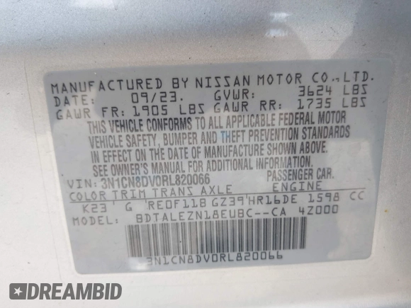 2024 Nissan Versa S with VIN 3N1CN8DV0RL820066, listed as a IAAI auction lot 42563864 with 38,749 mi miles and . Bid and sale history available at DreamBid. Image 9.
