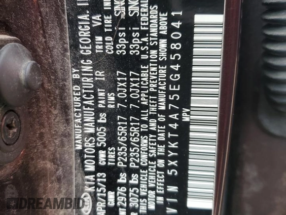 2014 Kia Sorento LX with VIN 5XYKT4A75EG458041, listed as a Copart auction lot 50915535 with 163,789 mi miles and Salvage Title. Bid and sale history available at carsss.com. Image 14.