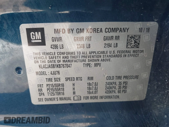 2019 Buick Encore Preferred with VIN KL4CJASB1KB767047, listed as a IAAI auction lot 41966059 with Not Provided miles. Bid and sale history available at carsss.com. Image 9.