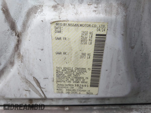 2014 Nissan Altima S with VIN 1N4AL3AP8EN382691, listed as a IAAI auction lot 41931720 with 205,312 mi miles and . Bid and sale history available at DreamBid. Image 9.