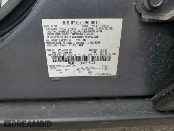 2018 Ford EcoSport SE with VIN MAJ6P1UL8JC237793, listed as a Copart auction lot 51893455 with 56,739 mi miles and Salvage Title. Bid and sale history available at carsss.com. Image 13.