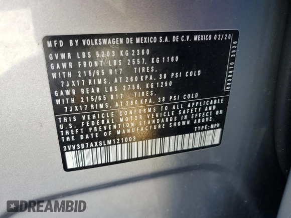 2020 Volkswagen Tiguan SE with VIN 3VV3B7AX8LM121003, listed as a Copart auction lot 44788675 with 39,800 mi miles and Salvage Title. Bid and sale history available at DreamBid. Image 13.