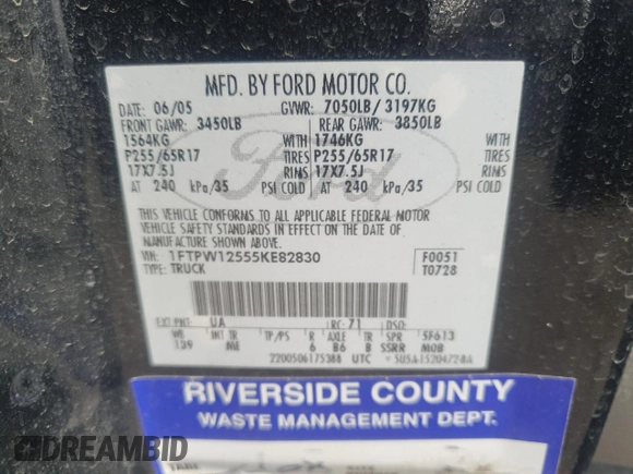 2005 Ford F-150 XLT with VIN 1FTPW12555KE82830, listed as a Copart auction lot 52312525 with Not Provided miles and Salvage Title. Bid and sale history available at carsss.com. Image 14.