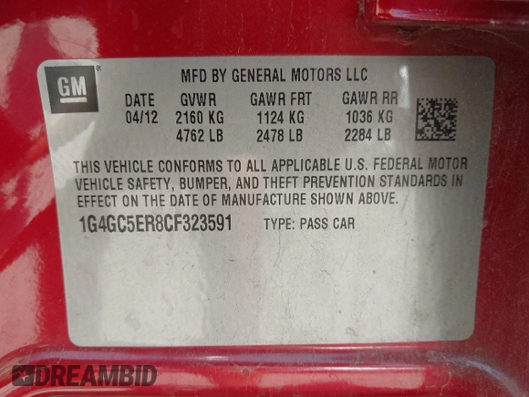 2012 Buick LaCrosse Leather with VIN 1G4GC5ER8CF323591, listed as a IAAI auction lot 42411348 with 79,144 mi miles and . Bid and sale history available at DreamBid. Image 9.