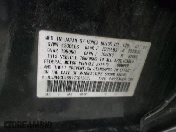 2007 Acura TSX with VIN JH4CL96877C012031, listed as a Copart auction lot 55570415 with 292,909 mi miles and Non repairable. Bid and sale history available at DreamBid. Image 13.