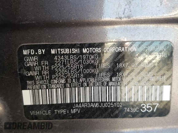 2018 Mitsubishi Outlander Sport SE 2.4 with VIN JA4AR3AW6JU025102, listed as a Copart auction lot 88298575 with 95,547 mi miles and Salvage Title. Bid and sale history available at carsss.com. Image 15.