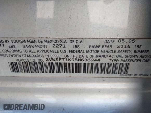 2005 Volkswagen Jetta 2.5L with VIN 3VWSF71K95M638944, listed as a IAAI auction lot 41733119 with 249,370 mi miles and . Bid and sale history available at DreamBid. Image 9.