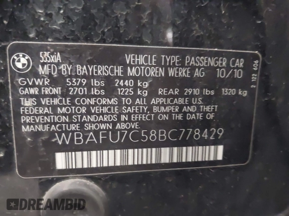2011 BMW 5 Series 535i xDrive with VIN WBAFU7C58BC778429, listed as a IAAI auction lot 41554736 with 129,163 mi miles. Bid and sale history available at carsss.com. Image 9.