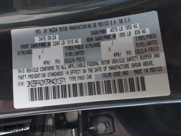 2024 Mazda 3 S Preferred z VIN 3MZBPACM7RM431371, wystawiony jako IAAI lot #40676189 z przebiegiem 276 mil mil oraz . Historia ofert i sprzedaży dostępna na DreamBid. Obrazek 9.