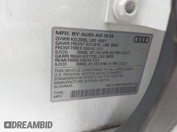 2025 Audi Q7 Premium Plus with VIN WA1LVBF78SD016144, listed as a IAAI auction lot 42784229 with 21,547 mi miles and . Bid and sale history available at DreamBid. Image 9.