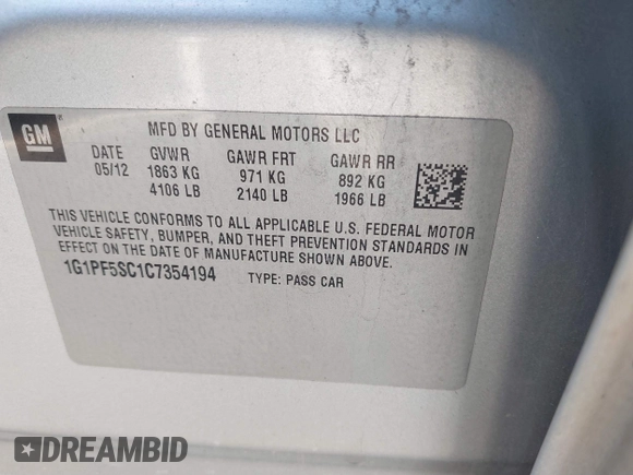 2012 Chevrolet Cruze 1LT with VIN 1G1PF5SC1C7354194, listed as a IAAI auction lot 41778721 with 215,865 mi miles and . Bid and sale history available at DreamBid. Image 9.