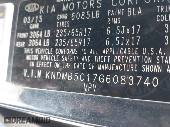 2016 Kia Sedona LX with VIN KNDMB5C17G6083740, listed as a IAAI auction lot 41553959 with 209,536 mi miles. Bid and sale history available at carsss.com. Image 9.