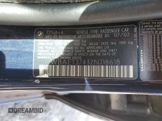 2002 BMW 3 Series 325i with VIN WBAET37432NJ18618, listed as a Copart auction lot 45712215 with 204,462 mi miles and Salvage Title. Bid and sale history available at carsss.com. Image 12.