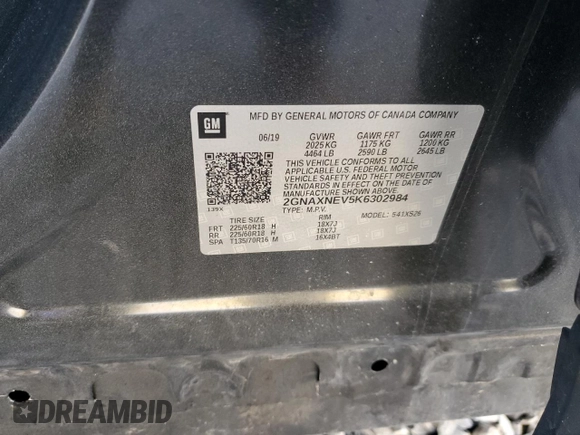 2019 Chevrolet Equinox Premier z VIN 2GNAXNEV5K6302984, wystawiony jako Copart lot #56033935 z przebiegiem 59 554 mil mil oraz Szkoda całkowita • Salvage title. Historia ofert i sprzedaży dostępna na DreamBid. Obrazek 14.
